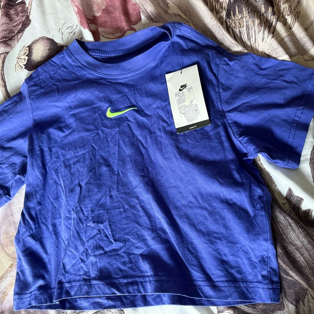 Nike Kids Blue Short-Sleeve Tee with Neon Green Swoosh